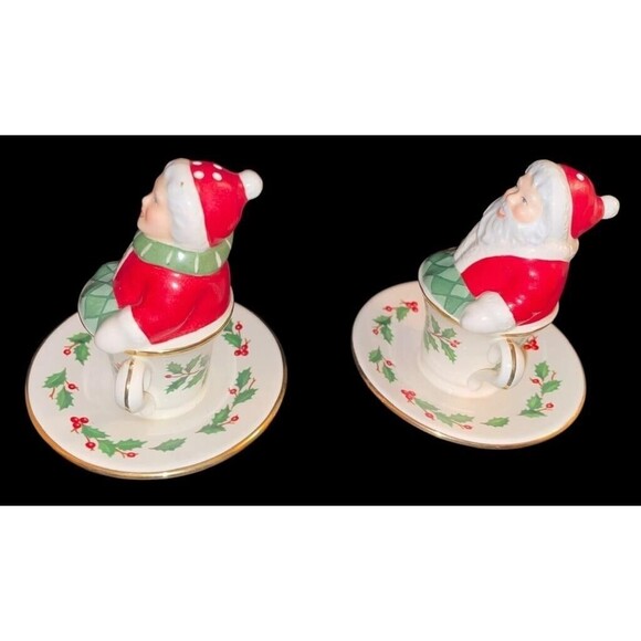Lenox Santa Claus & Mrs Claus Salt Pepper Set Shakers Tea Cups Christmas Holly - Picture 4 of 7